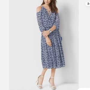 Michael Kors Navy Floral Cold Shoulder Tie-Neck Pleated Midi Dress – Size S/M